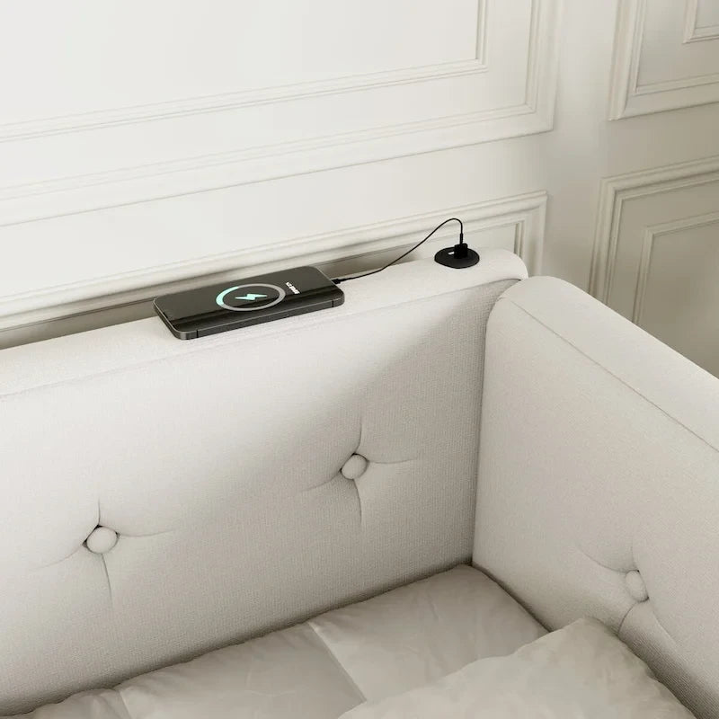 Lit plateforme rembourré Queen Size avec ports USB, sommier non requis, facile à assembler