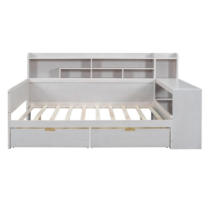 Lit de jour multifonctionnel en bois avec étagères de rangement, 2 tiroirs de rangement et bureau
