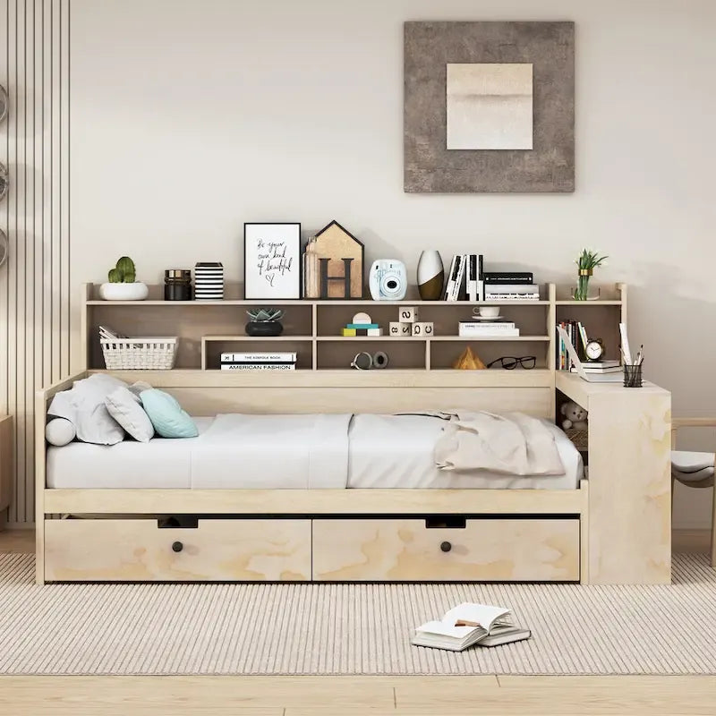 Lit de jour multifonctionnel en bois avec étagères de rangement, 2 tiroirs de rangement et bureau