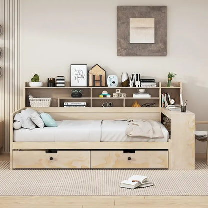 Lit de jour multifonctionnel en bois avec étagères de rangement, 2 tiroirs de rangement et bureau