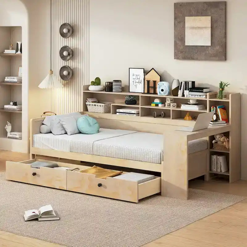 Lit de jour multifonctionnel en bois avec étagères de rangement, 2 tiroirs de rangement et bureau