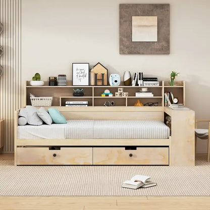 Lit de jour multifonctionnel en bois avec étagères de rangement, 2 tiroirs de rangement et bureau