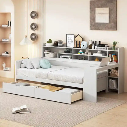 Lit de jour multifonctionnel en bois avec étagères de rangement, 2 tiroirs de rangement et bureau