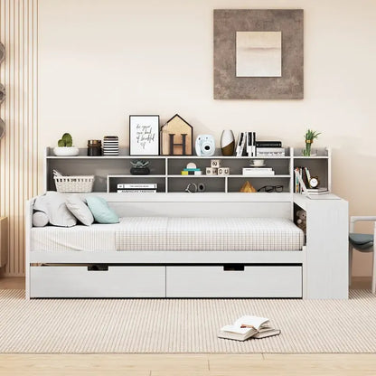 Lit de jour multifonctionnel en bois avec étagères de rangement, 2 tiroirs de rangement et bureau