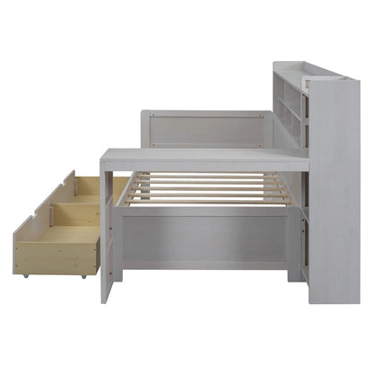 Lit de jour multifonctionnel en bois avec étagères de rangement, 2 tiroirs de rangement et bureau
