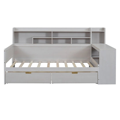 Lit de jour multifonctionnel en bois avec étagères de rangement, 2 tiroirs de rangement et bureau