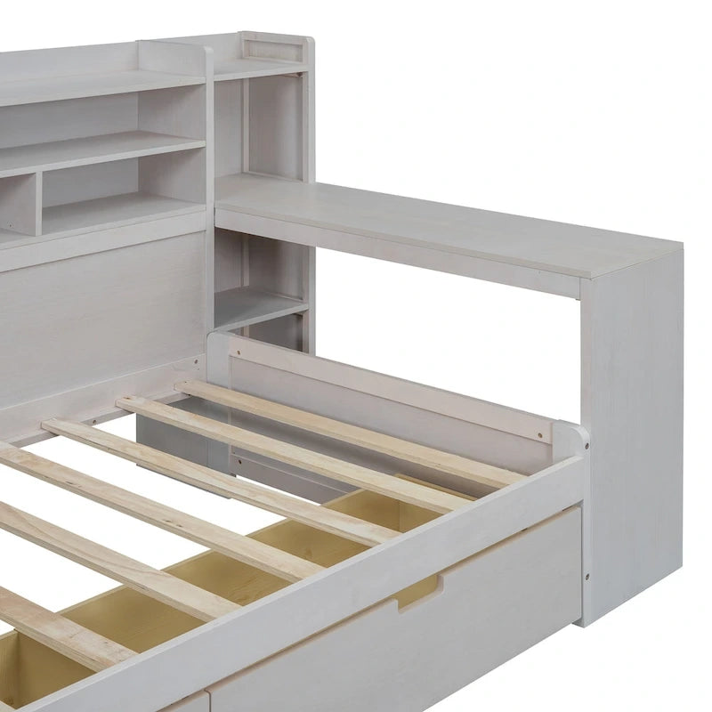 Lit de jour multifonctionnel en bois avec étagères de rangement, 2 tiroirs de rangement et bureau