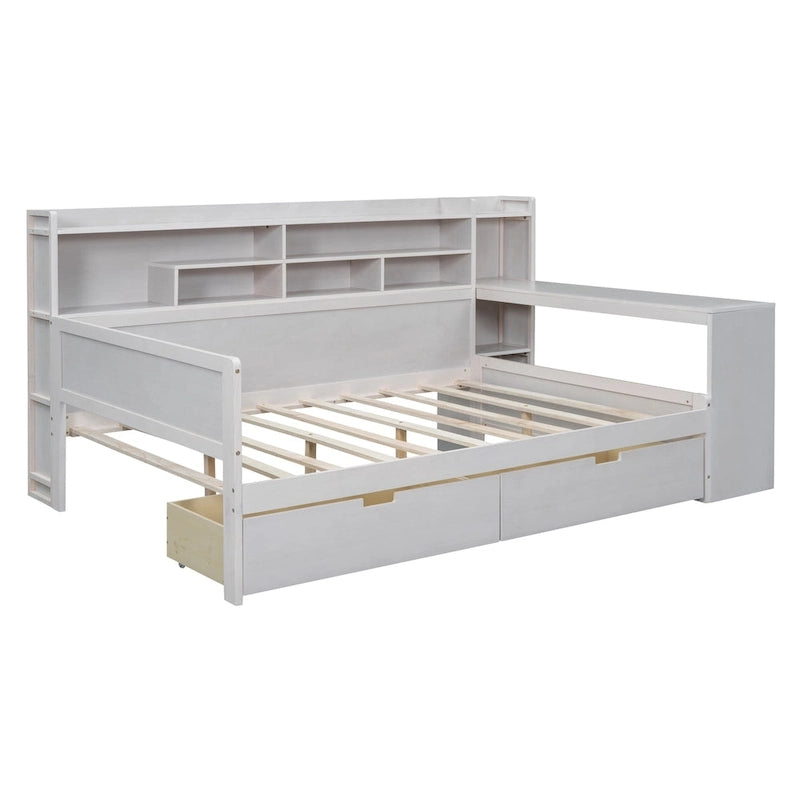 Lit de jour multifonctionnel en bois avec étagères de rangement, 2 tiroirs de rangement et bureau
