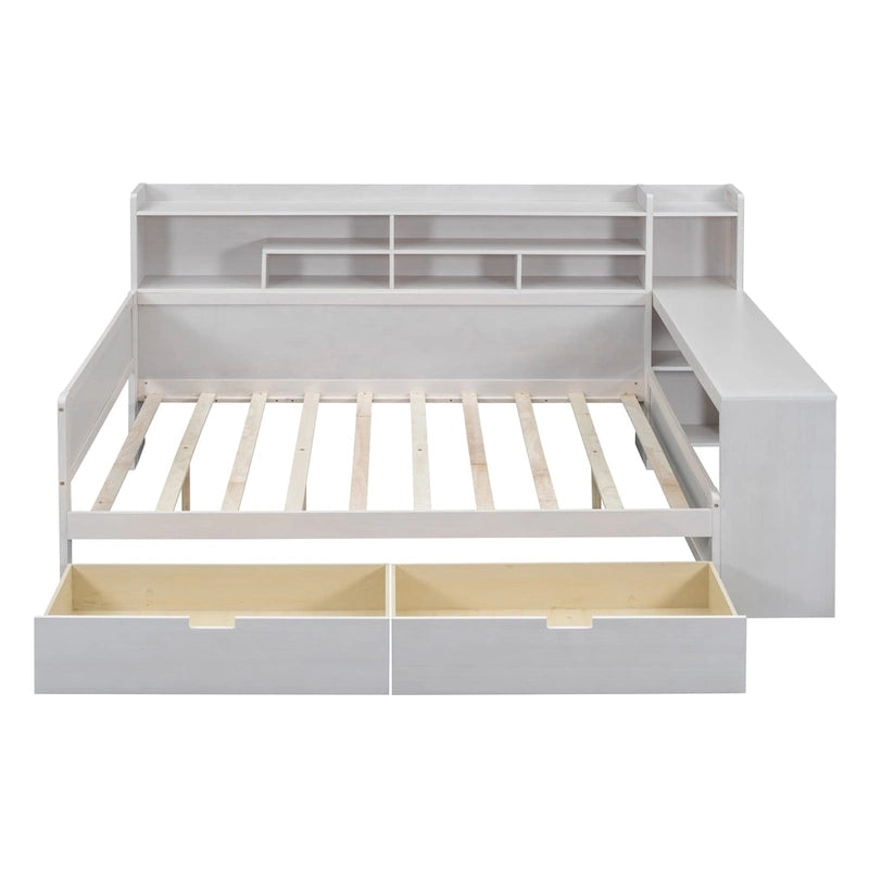 Lit de jour multifonctionnel en bois avec étagères de rangement, 2 tiroirs de rangement et bureau