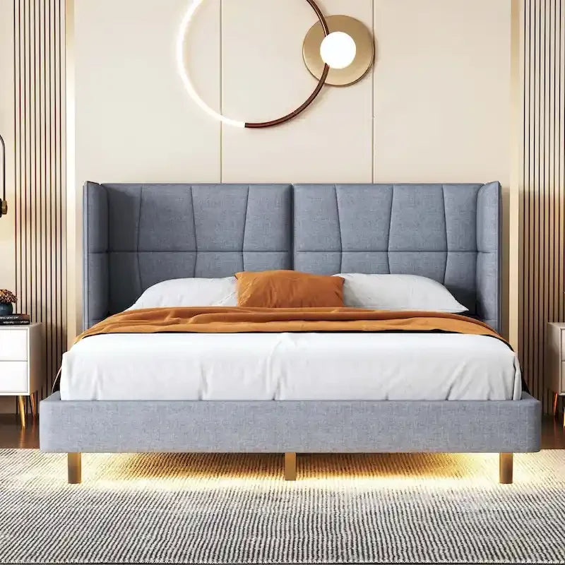 Lit plateforme rembourré avec lumières LED et tête de lit en forme de U