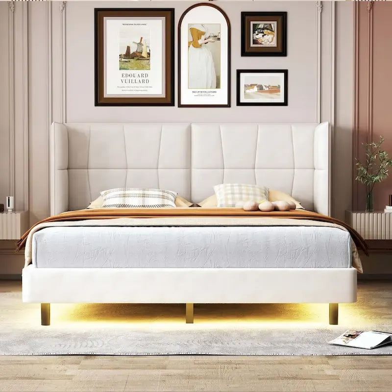 Lit plateforme rembourré avec lumières LED et tête de lit en forme de U