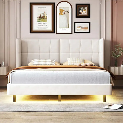 Lit plateforme rembourré avec lumières LED et tête de lit en forme de U