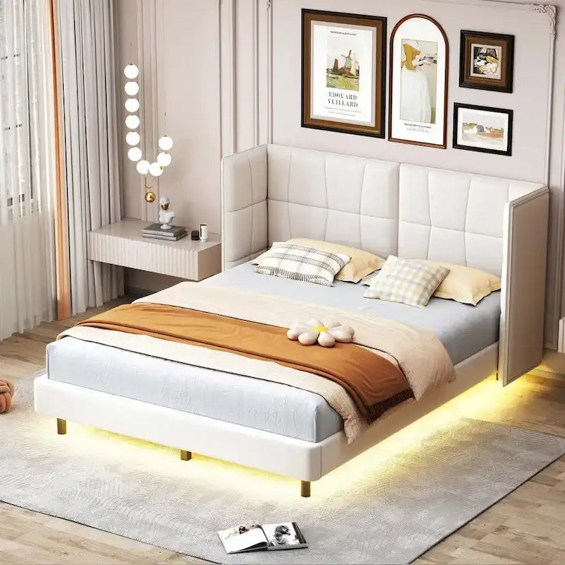 Lit plateforme rembourré avec lumières LED et tête de lit en forme de U