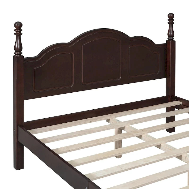Cadre de lit plateforme rétro en bois, format double/queen, avec sommier à lattes, couleur noyer foncé