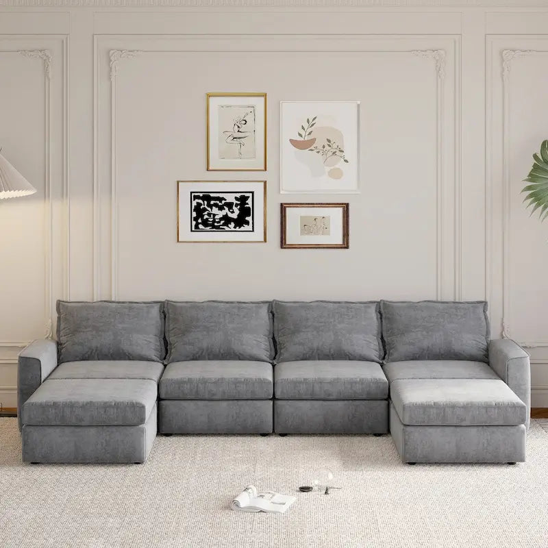 Canapé d'angle modulable Nestfair en chenille, réversible, en forme de U, convertible en lit 6 places avec pouf.