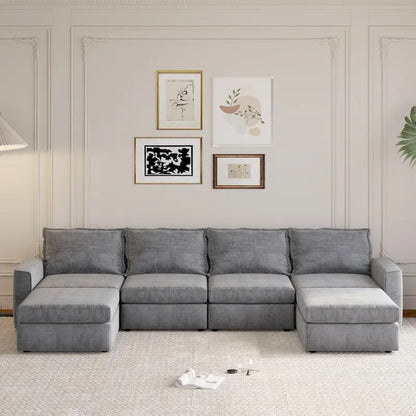 Canapé d'angle modulable Nestfair en chenille, réversible, en forme de U, convertible en lit 6 places avec pouf.