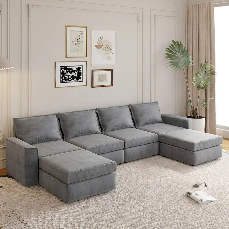 Canapé d'angle modulable Nestfair en chenille, réversible, en forme de U, convertible en lit 6 places avec pouf.