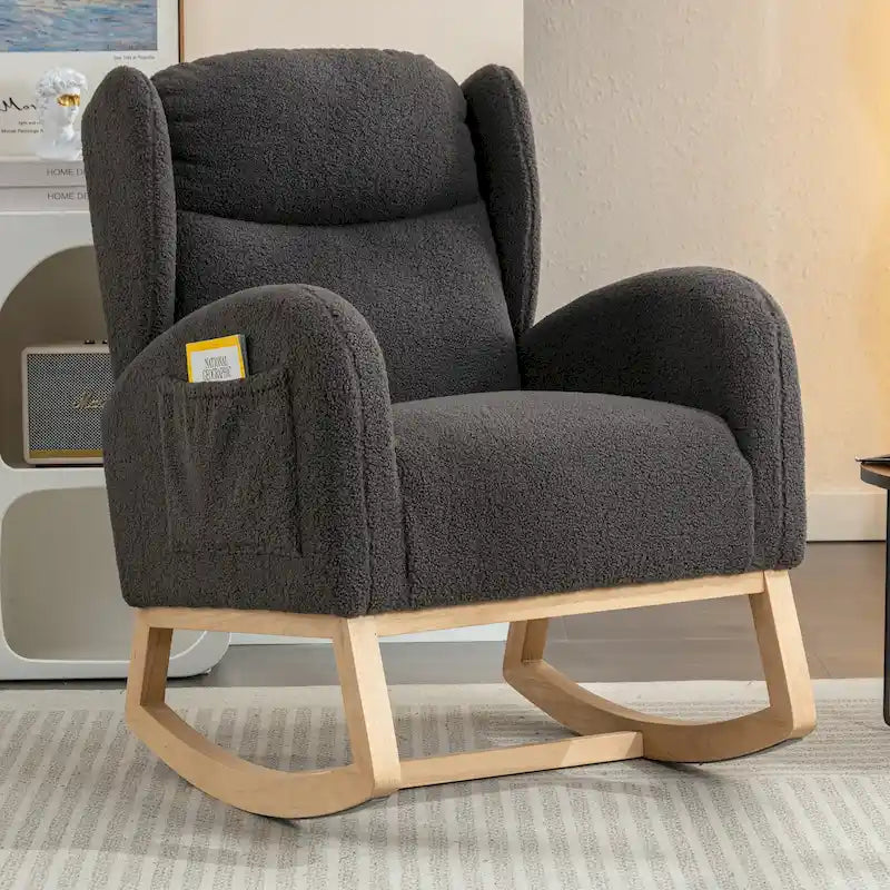 Fauteuil à bascule en tissu Teddy avec pieds en bois pour salon
