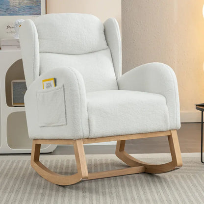 Fauteuil à bascule en tissu Teddy avec pieds en bois pour salon