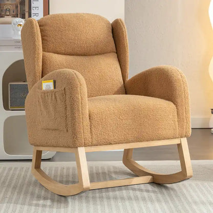 Fauteuil à bascule en tissu Teddy avec pieds en bois pour salon