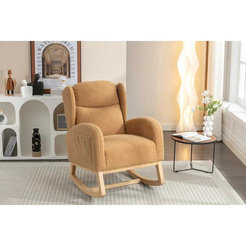 Fauteuil à bascule en tissu Teddy avec pieds en bois pour salon