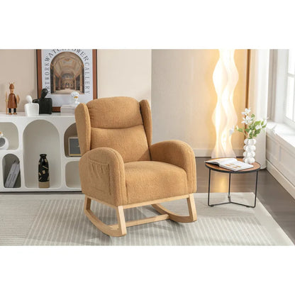 Fauteuil à bascule en tissu Teddy avec pieds en bois pour salon