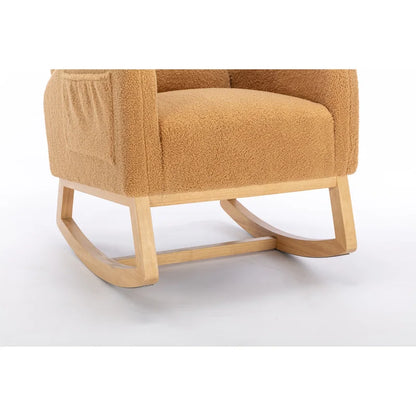 Fauteuil à bascule en tissu Teddy avec pieds en bois pour salon