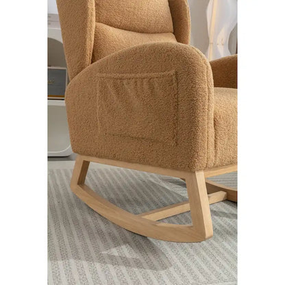 Fauteuil à bascule en tissu Teddy avec pieds en bois pour salon