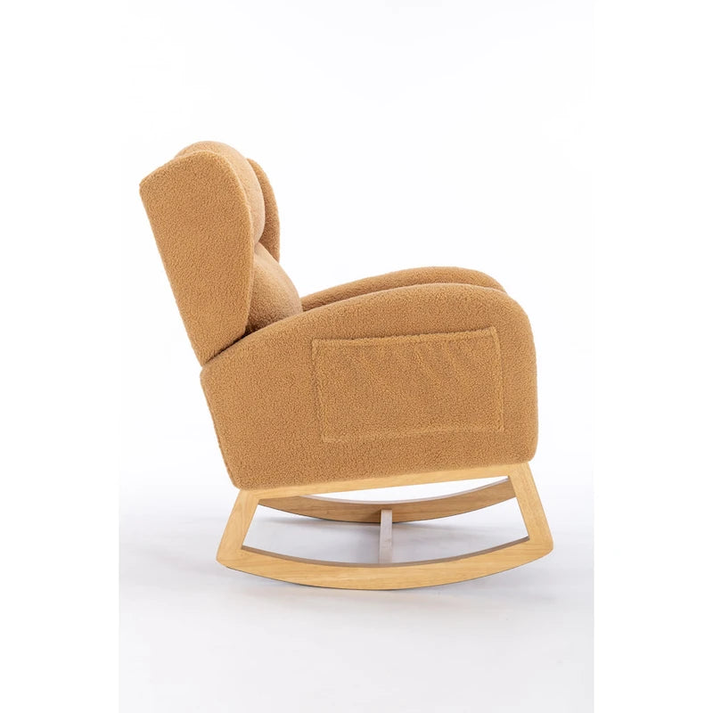 Fauteuil à bascule en tissu Teddy avec pieds en bois pour salon