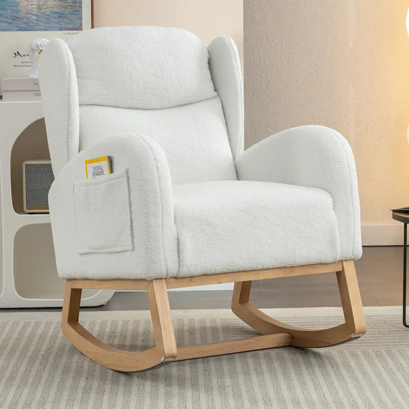 Fauteuil à bascule en tissu Teddy avec pieds en bois pour salon
