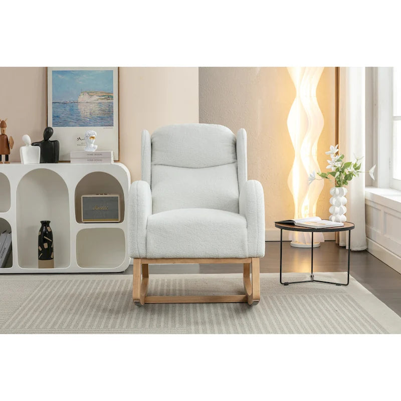 Fauteuil à bascule en tissu Teddy avec pieds en bois pour salon