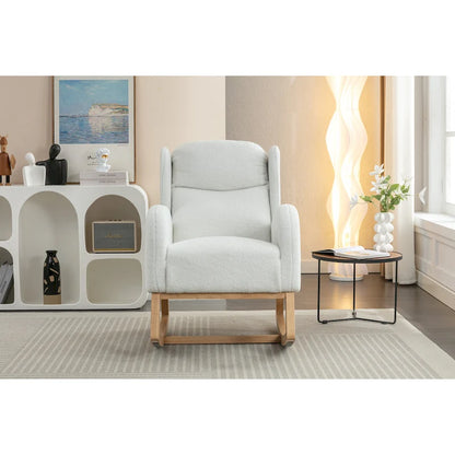 Fauteuil à bascule en tissu Teddy avec pieds en bois pour salon