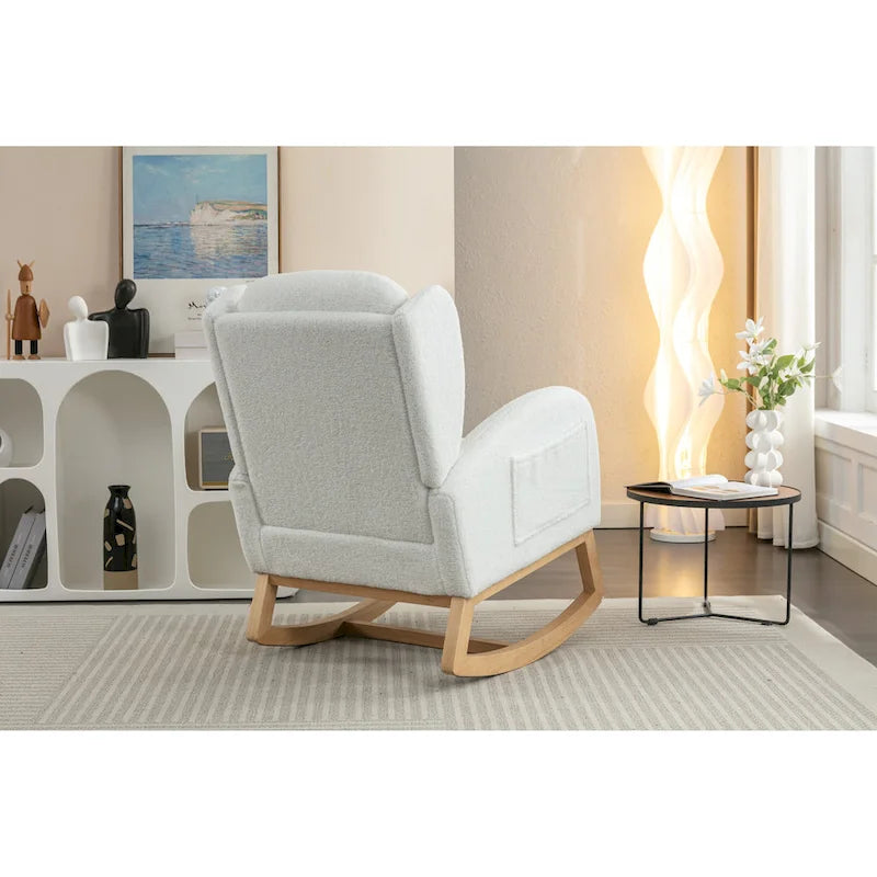 Fauteuil à bascule en tissu Teddy avec pieds en bois pour salon