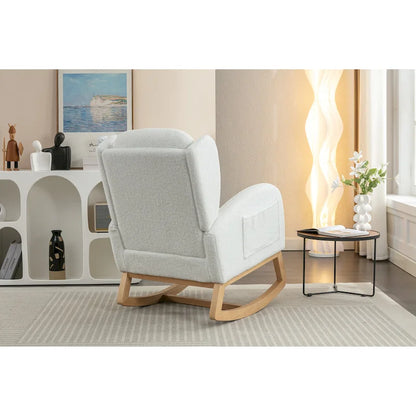 Fauteuil à bascule en tissu Teddy avec pieds en bois pour salon