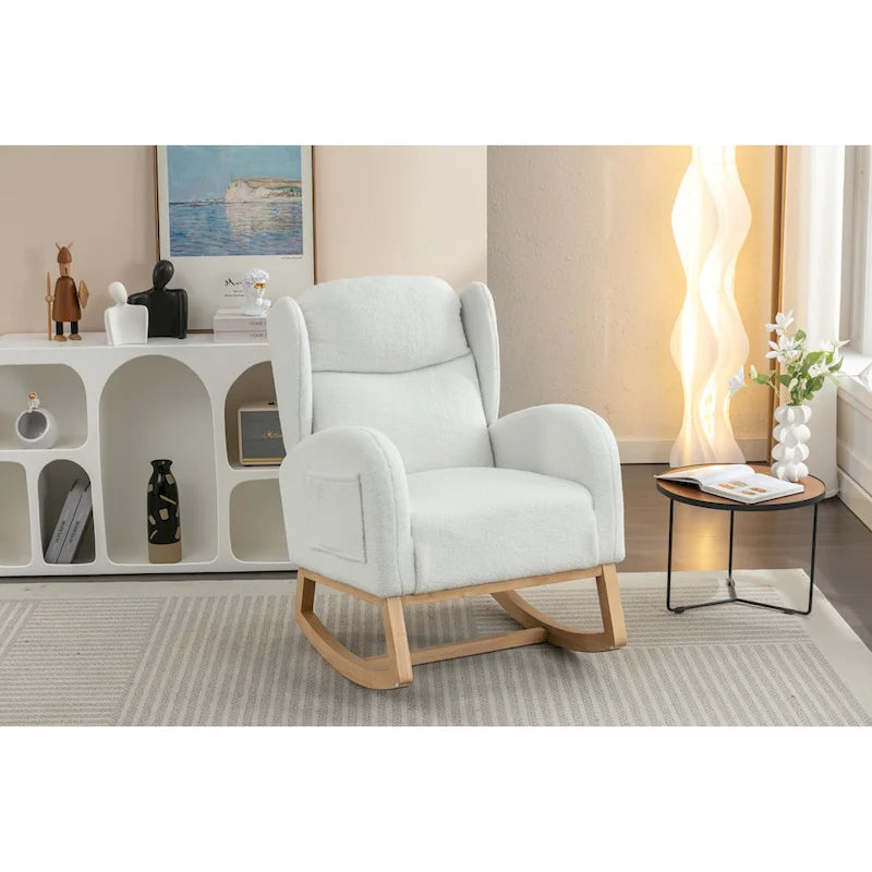 Fauteuil à bascule en tissu Teddy avec pieds en bois pour salon