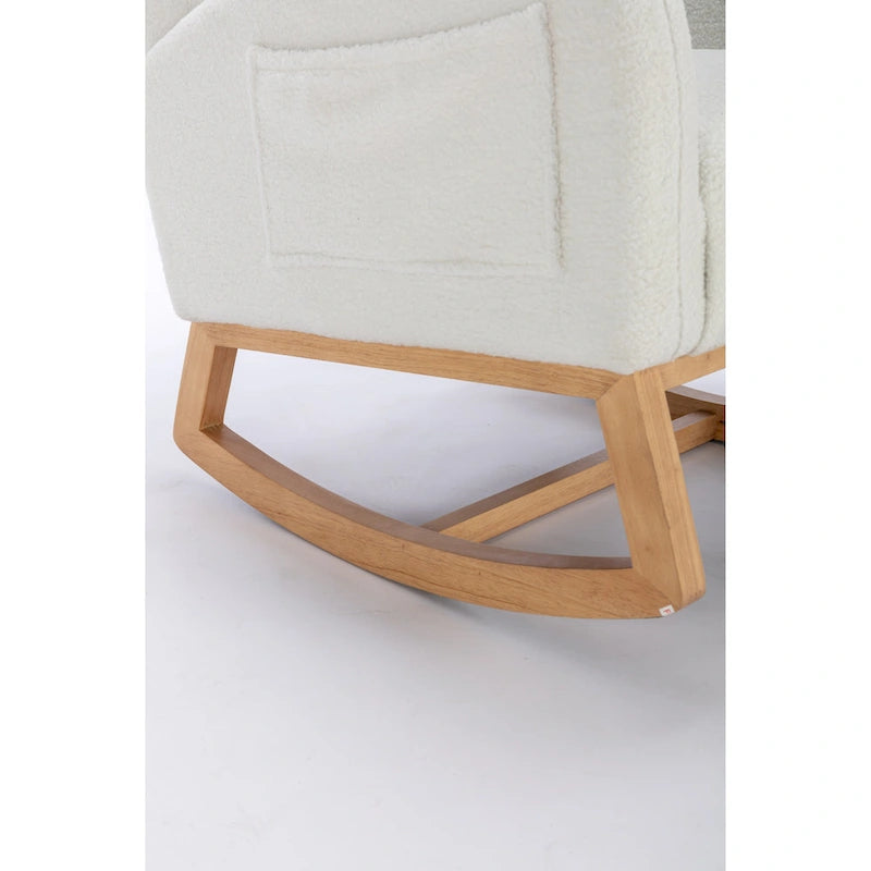 Fauteuil à bascule en tissu Teddy avec pieds en bois pour salon