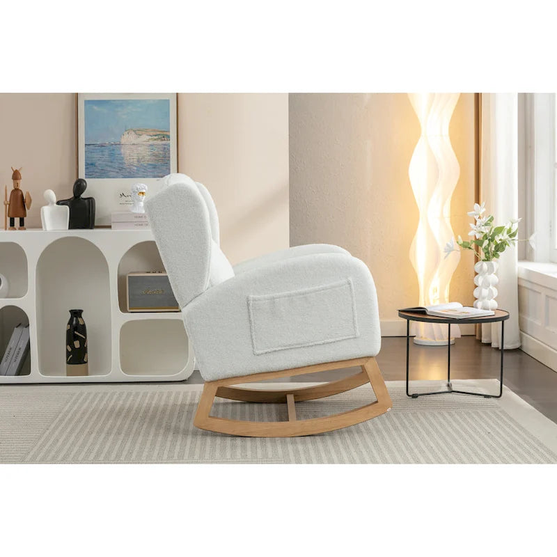 Fauteuil à bascule en tissu Teddy avec pieds en bois pour salon