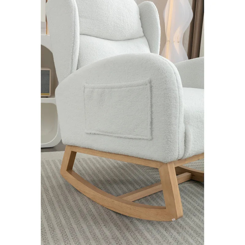 Fauteuil à bascule en tissu Teddy avec pieds en bois pour salon