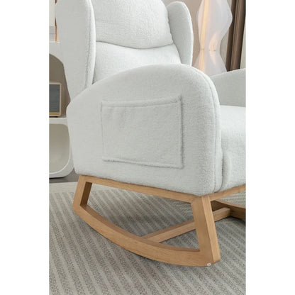 Fauteuil à bascule en tissu Teddy avec pieds en bois pour salon