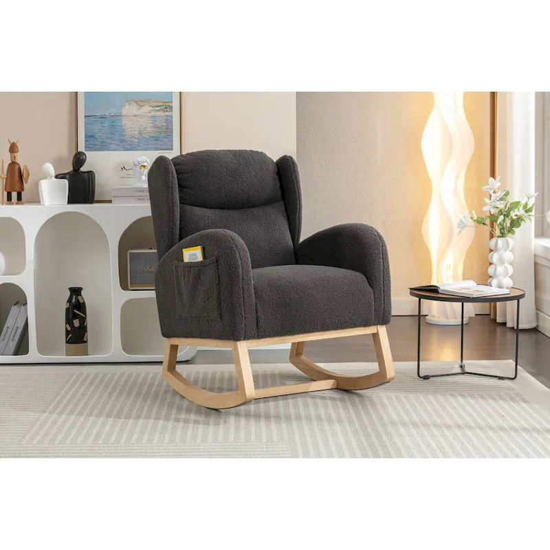 Fauteuil à bascule en tissu Teddy avec pieds en bois pour salon