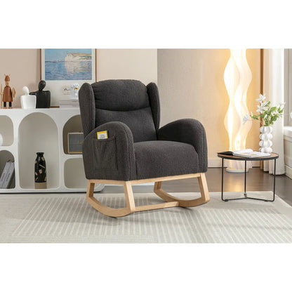 Fauteuil à bascule en tissu Teddy avec pieds en bois pour salon