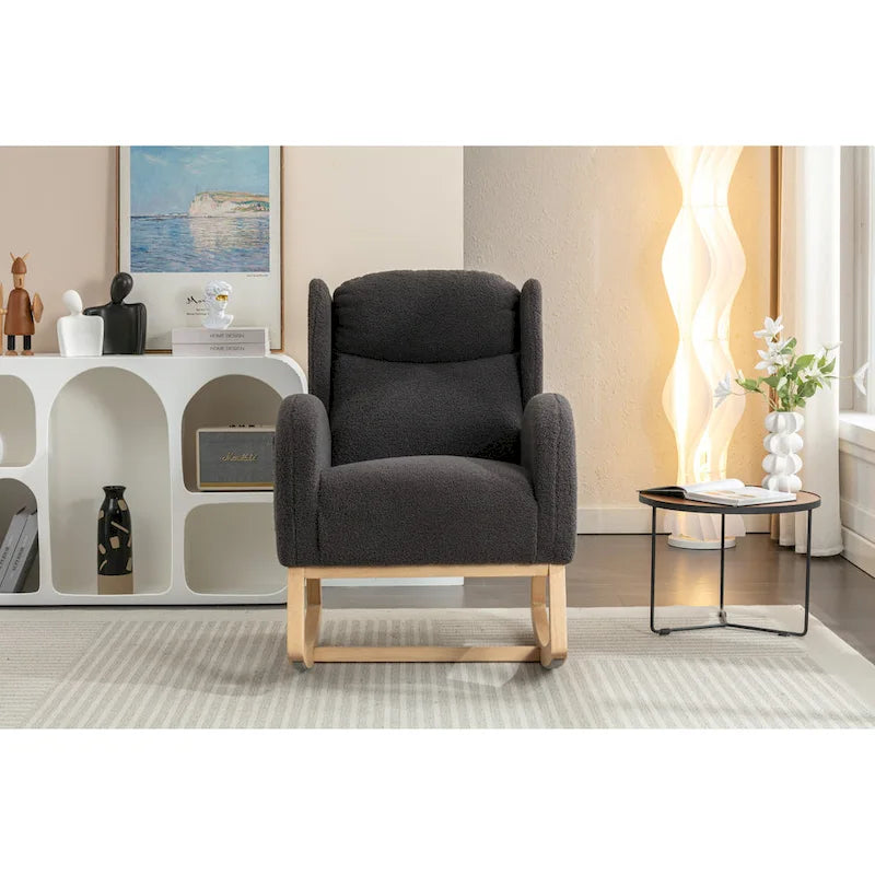 Fauteuil à bascule en tissu Teddy avec pieds en bois pour salon
