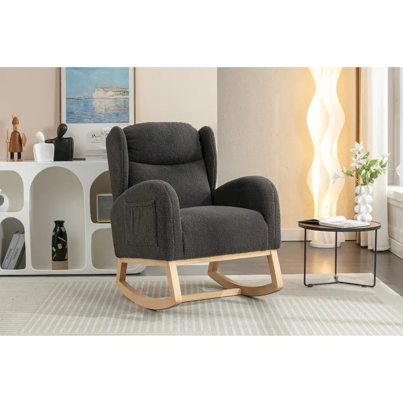 Fauteuil à bascule en tissu Teddy avec pieds en bois pour salon