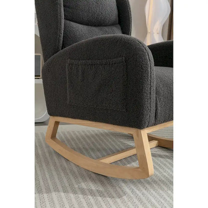 Fauteuil à bascule en tissu Teddy avec pieds en bois pour salon
