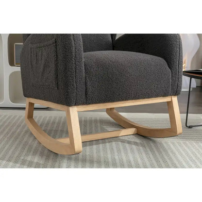 Fauteuil à bascule en tissu Teddy avec pieds en bois pour salon