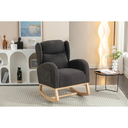 Fauteuil à bascule en tissu Teddy avec pieds en bois pour salon