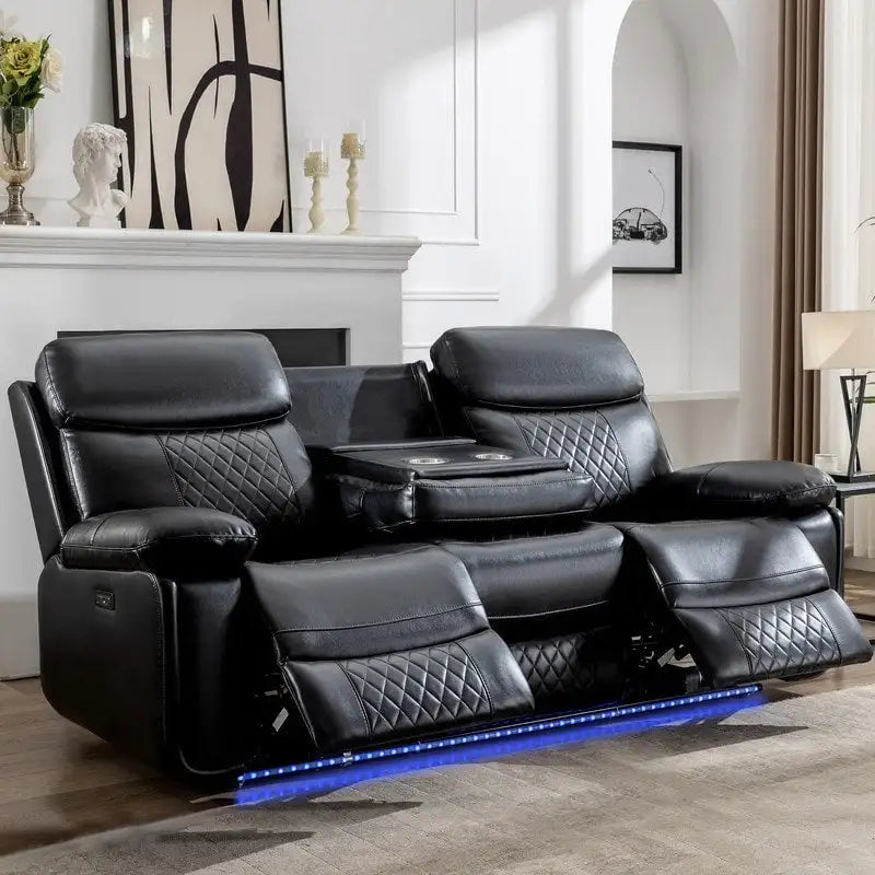 Canapé inclinable électrique avec chargeur sans fil, lampe de lecture, éclairage LED pour salon, revêtement en similicuir, port secteur/USB, porte-gobelet, noir