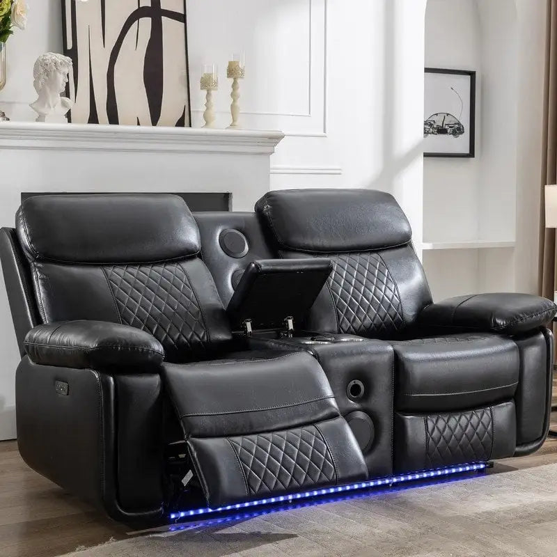 Canapé inclinable électrique avec chargeur sans fil, lampe de lecture, éclairage LED pour salon, revêtement en similicuir, port secteur/USB, porte-gobelet, noir