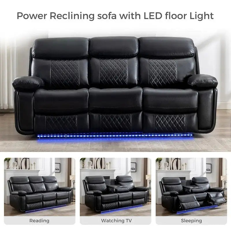 Canapé inclinable électrique avec chargeur sans fil, lampe de lecture, éclairage LED pour salon, revêtement en similicuir, port secteur/USB, porte-gobelet, noir