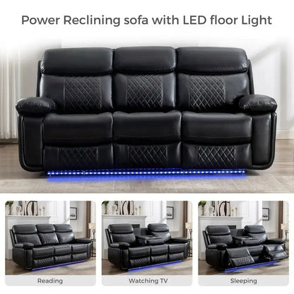 Canapé inclinable électrique avec chargeur sans fil, lampe de lecture, éclairage LED pour salon, revêtement en similicuir, port secteur/USB, porte-gobelet, noir
